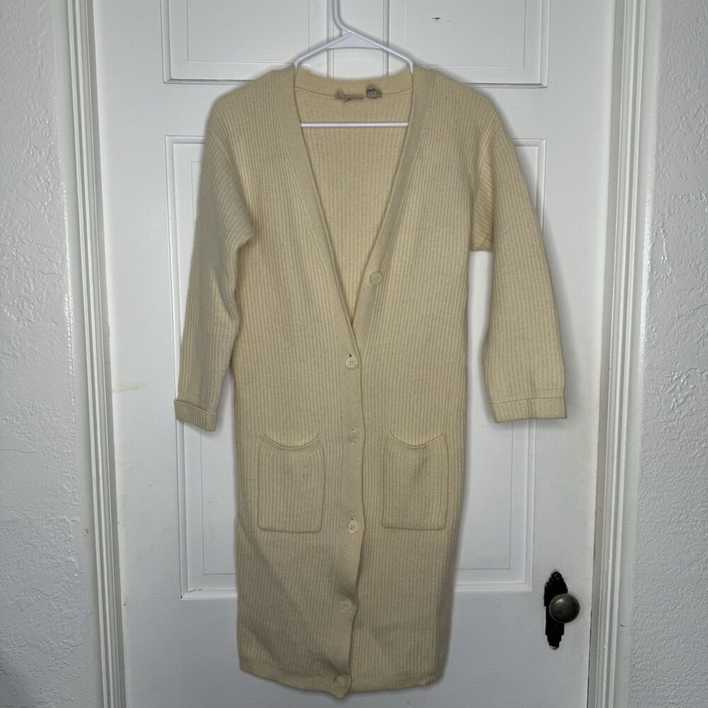 Vintage Liz Claiborne M Cream Longline Cardigan Duster Wool Angora Blend Pockets